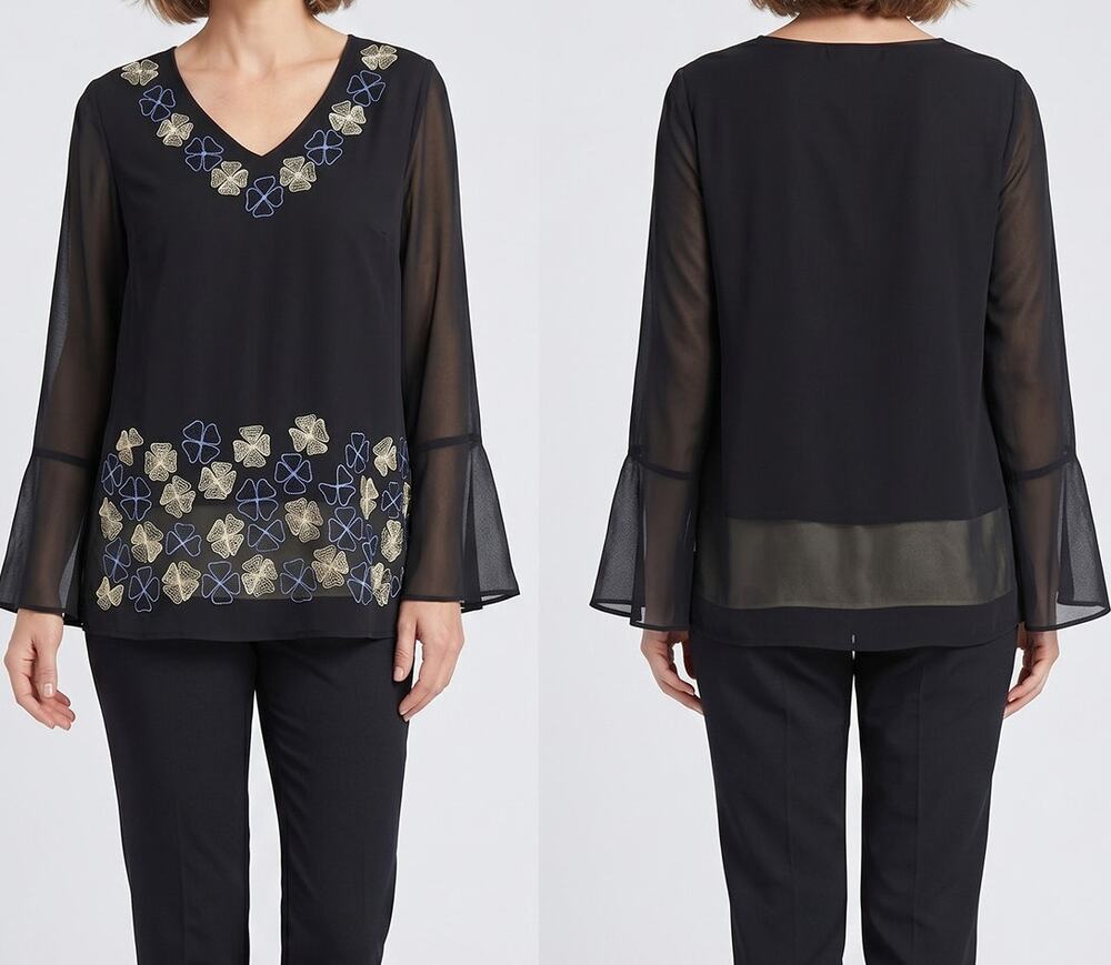 Splash Small Black Sheer Blouse Clover Embroidered V Neck Bell Sleeve